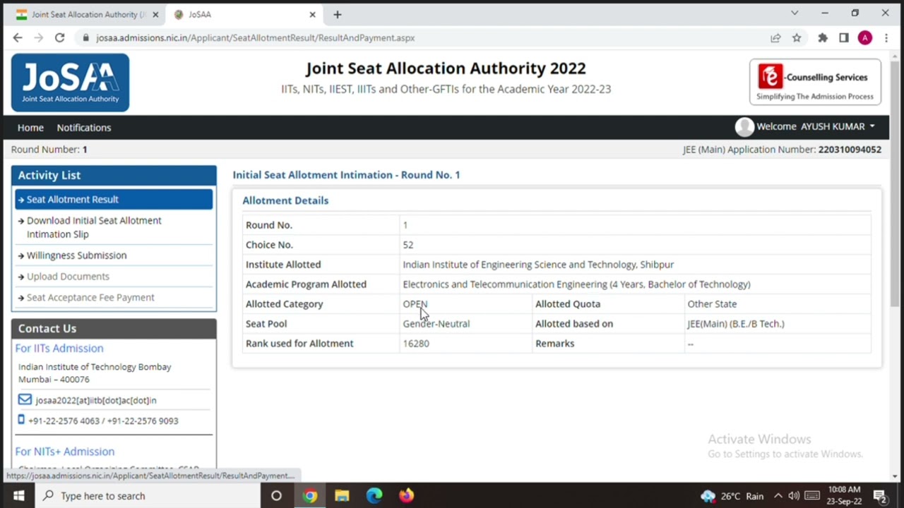 JoSAA First Round Result...#josaa2022 #jeemains2022