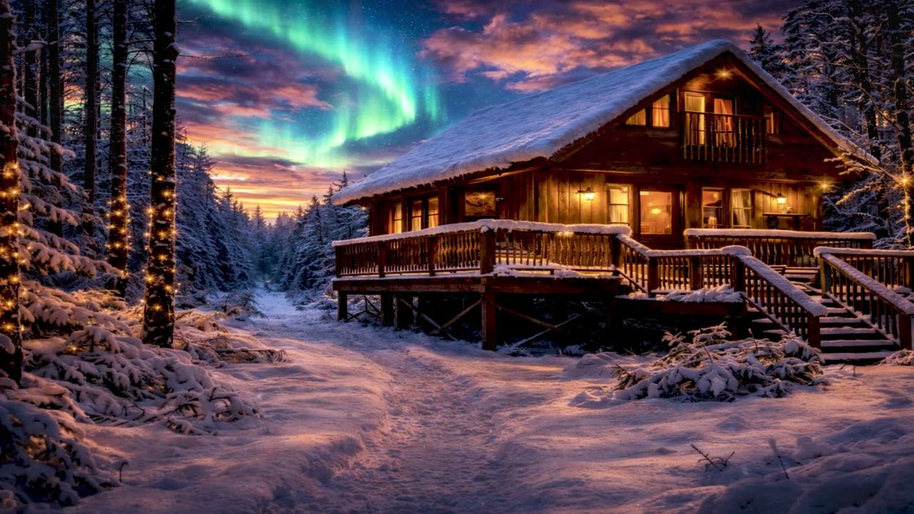 winter ambient art • aurora over snowy cabin • relaxing background music