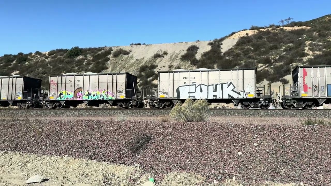BNSF 8371 Leads Westbound Rock Train Rolling Through Blue Cut CA.