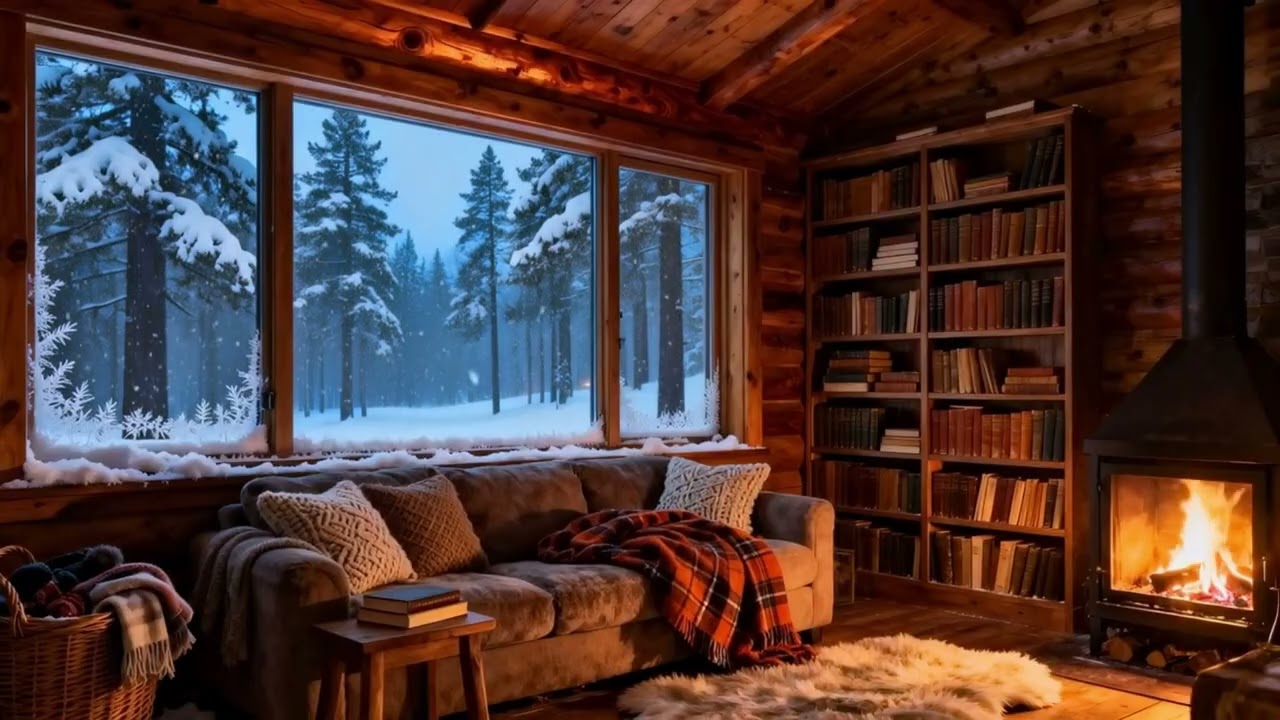 Peaceful Snowy Cabin | Crackling Fire, Warm Lights & Winter Serenity