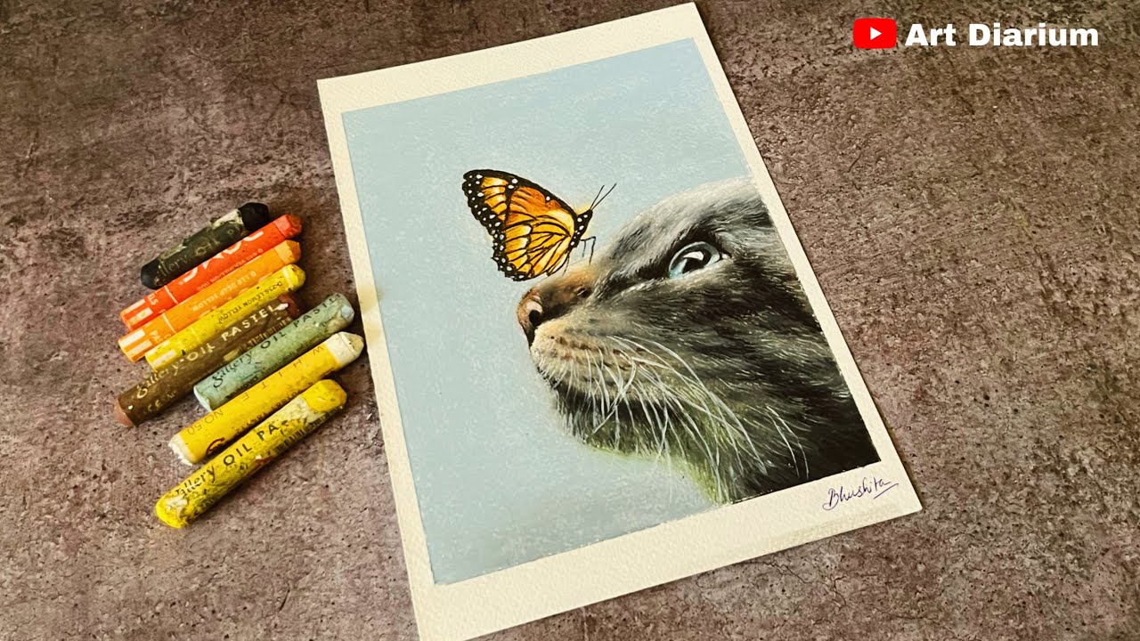 How to draw a Cat with a Butterfly/ Oil Pastel Art - Step by Step