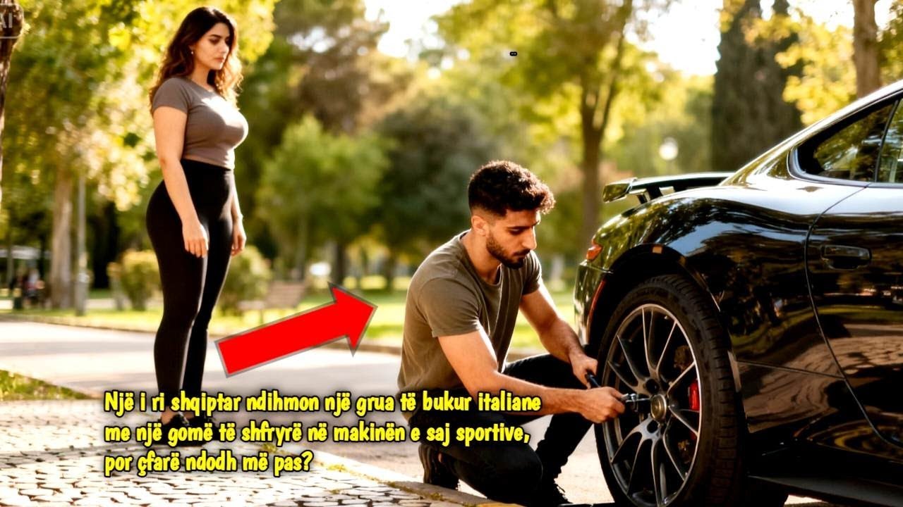 Një i ri shqiptar ndihmon një grua të bukur italiane me një gomë të shfryrë në makinën e saj sportiv