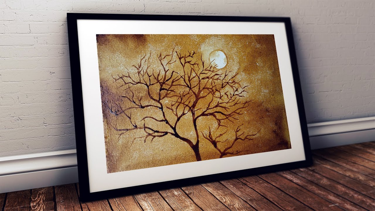 COFFEE PAINTING FOR BEGINNERS | PAINTING MOON THROUGH THE BRANCHES WITH COFFEE TUTORIAL STEP BY STEP