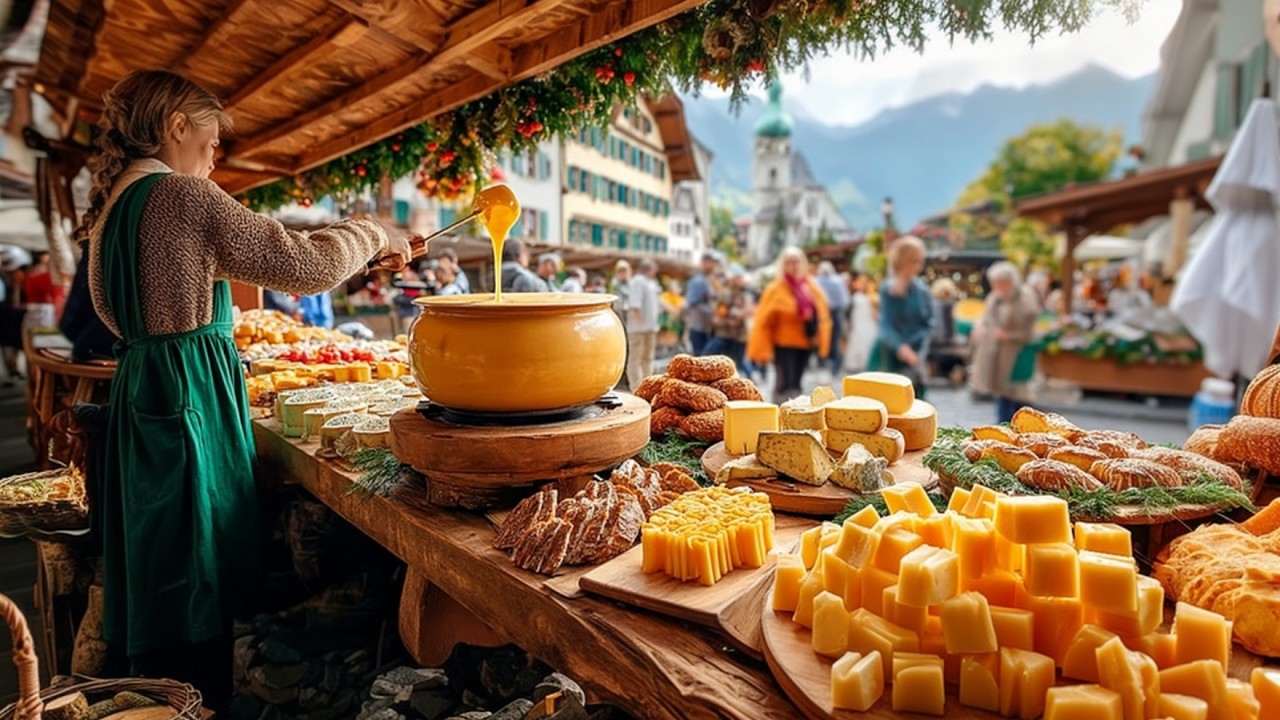Swiss Cheese Fondue - delicious Alpine cheese - Traditional Swiss cheese Festival