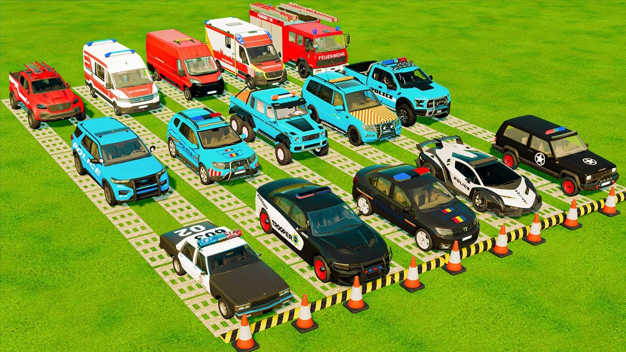 TRANSPORTING POLICE CARS, AMBULANCE, FIRE TRUCK, COLORFUL CARS WITH TRUCK -FARMING SIMULATOR 22!