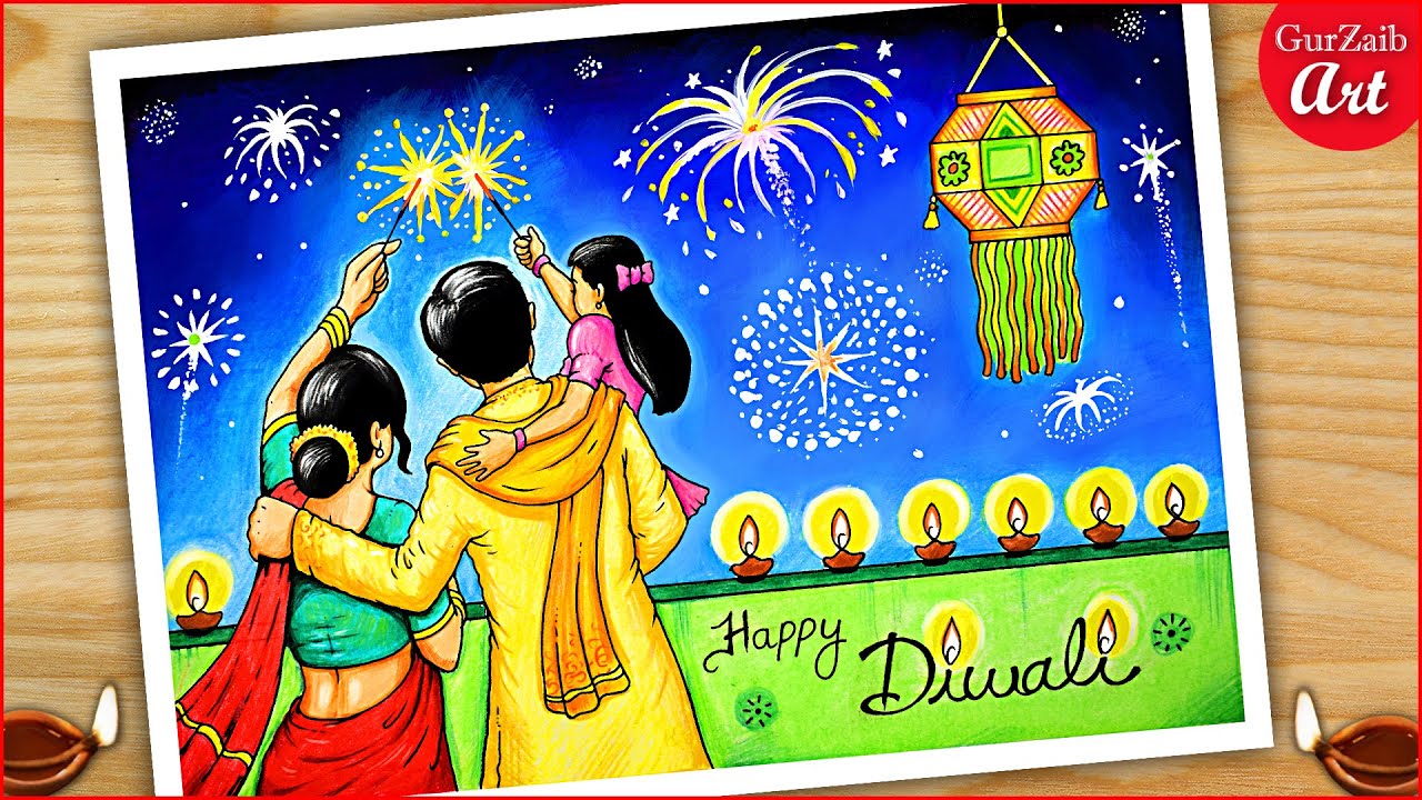 How to Draw happy Diwali Drawing / Indian festival Deepawali poster making / Diwali painting
