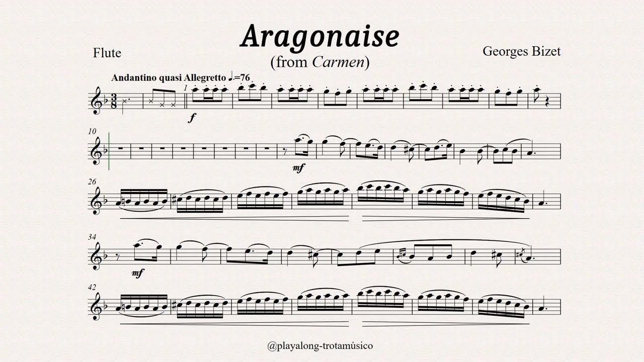 Flute Playalong - Aragonaise from Carmen (Bizet) C sheet music with Guitar accompaniment