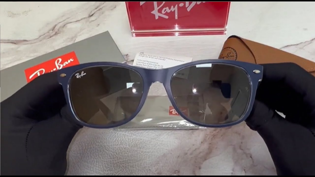 Unboxing Ray Ban New Wayfarer RB2132 RB/2132 605371 RayBan Blue Square Sunglasses 55mm