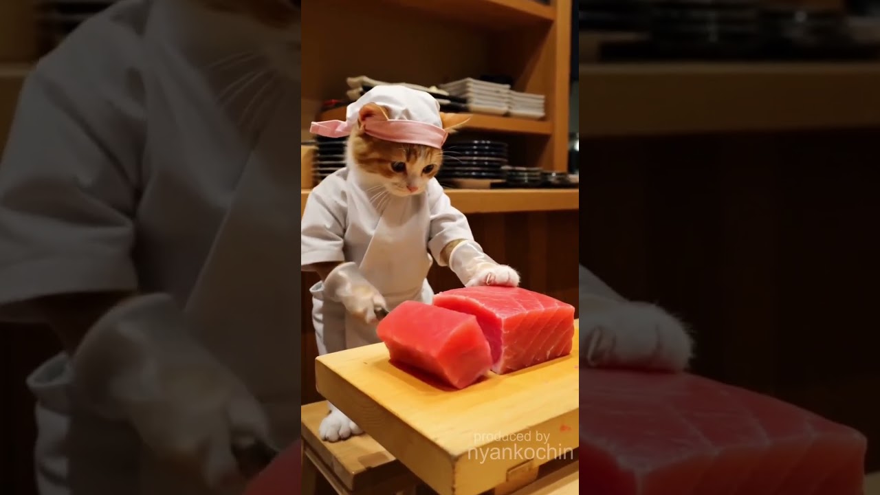 AI cat goes fishing, makes sushi like a pro &mdash; happiest chef on the net! #ai  #sushi  #viralvideo