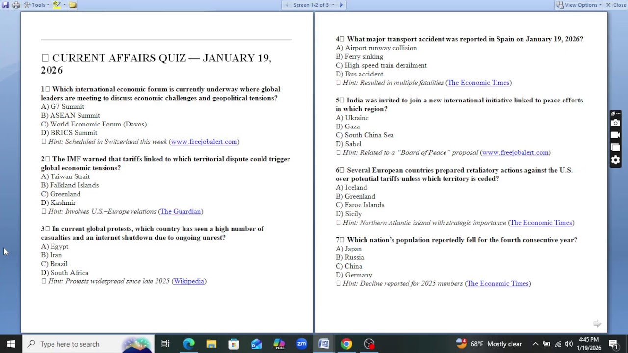 CURRENT AFFAIRS QUIZ-JANUARY 19 2026