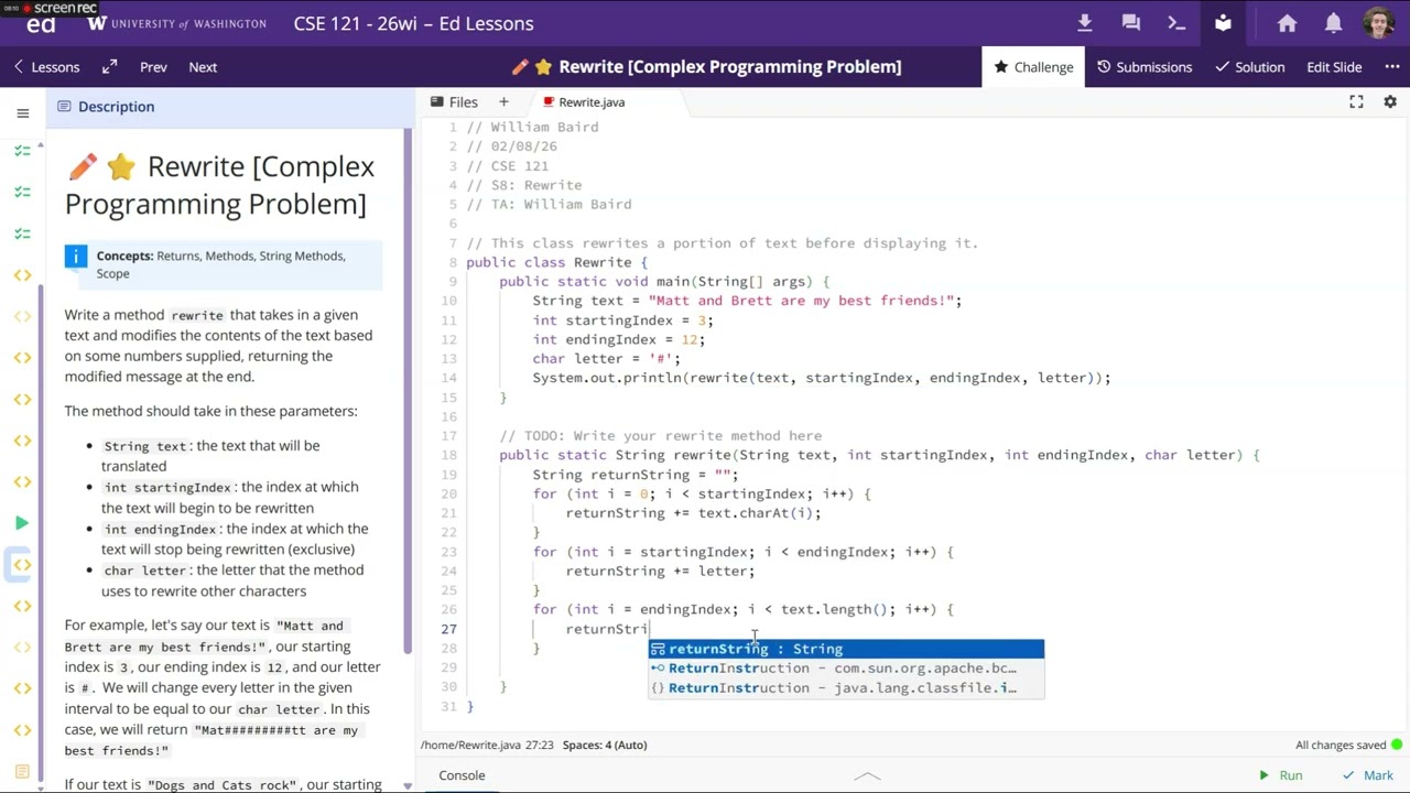CSE 121 Rewrite (Section 8 Programming Problem)