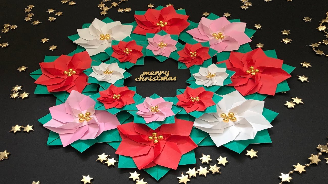 クリスマス折り紙 ポインセチア リース 立体 折り方 Origami Christmas Poinsettia wreath tutorial（NiceNo1）