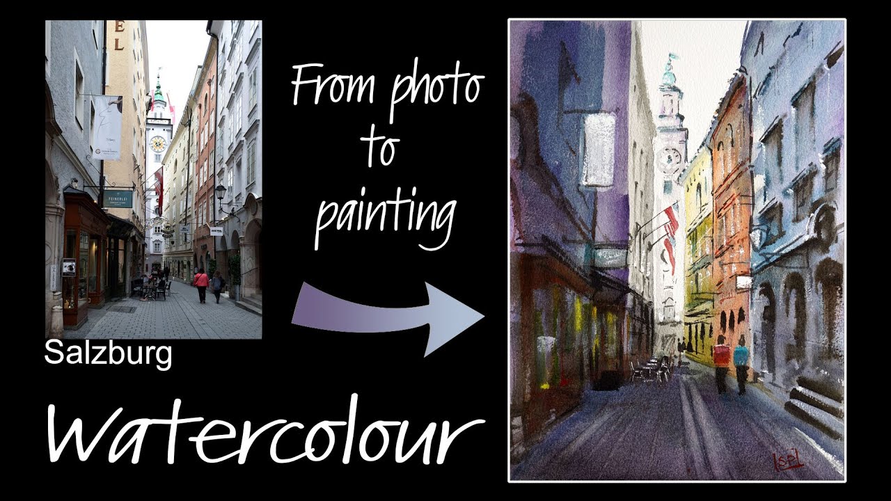 Sketch and paint this beautiful street scene from Salzburg. Step-by-step instruction. Free photo.