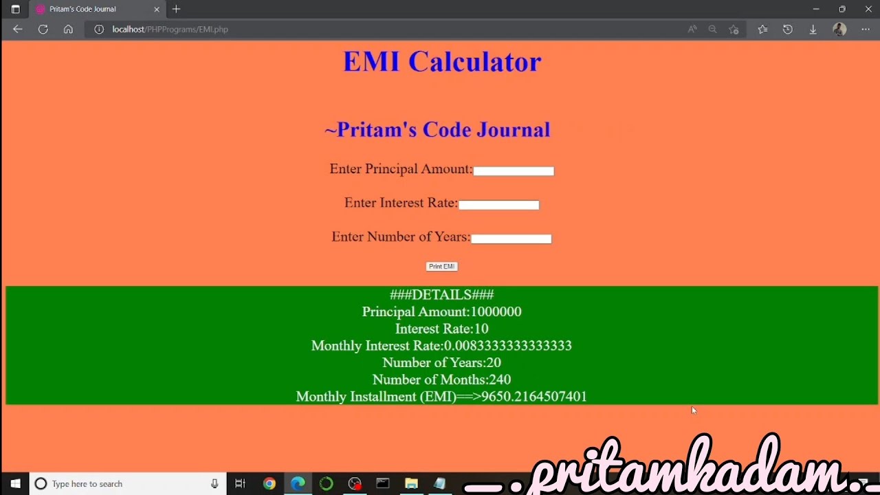 PHP Script for EMI Calculator