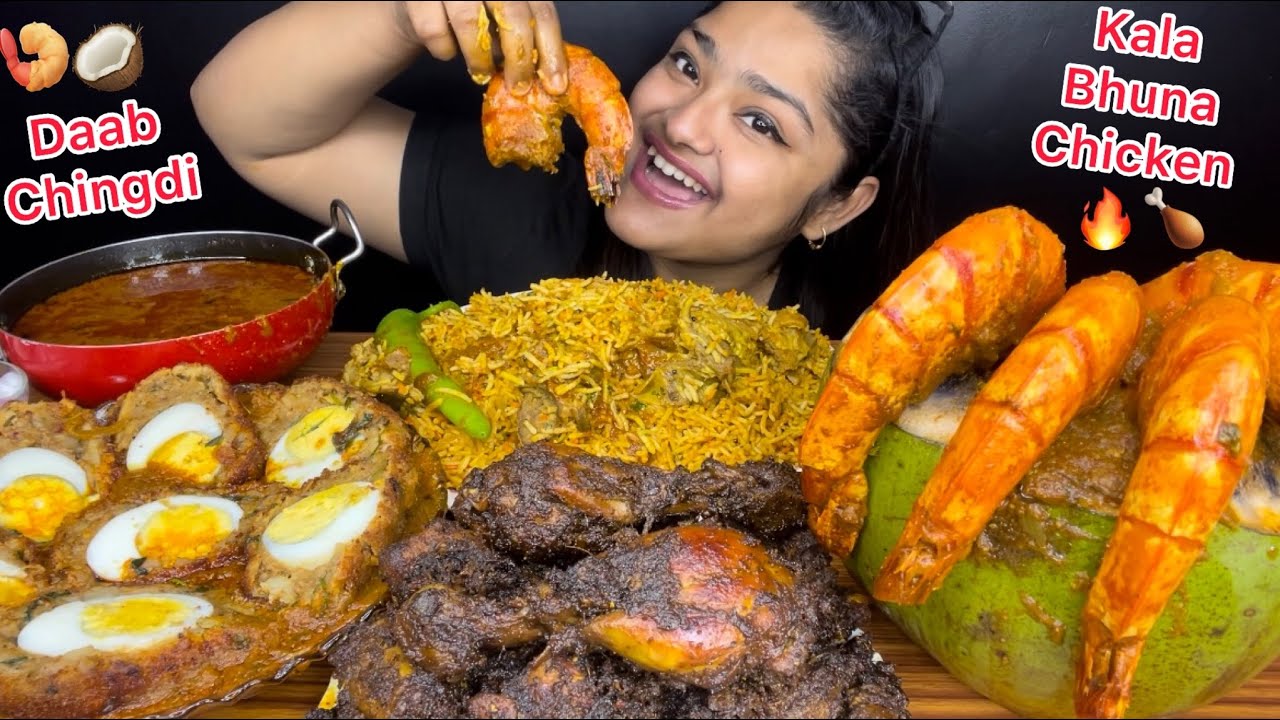 SPICY KALA BHUNA CHICKEN, EGG DEVIL CURRY, DAAB CHINGDI MALAI CURRY AND MUTTON PULAO | FOOD EATING