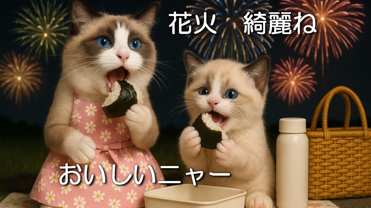 ママ猫と子猫が手作り弁当を持って花火大会へ🎆夏の夜に咲く親子の思い出（ルナとソラ）