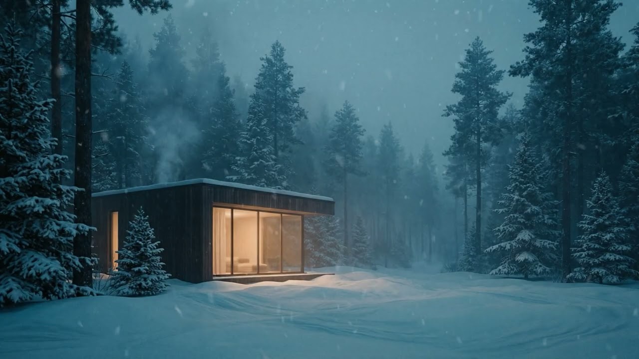 Snowy Forest Cabin at Blue Hour | Deep Ambient Winter Soundscape for Sleep & Focus