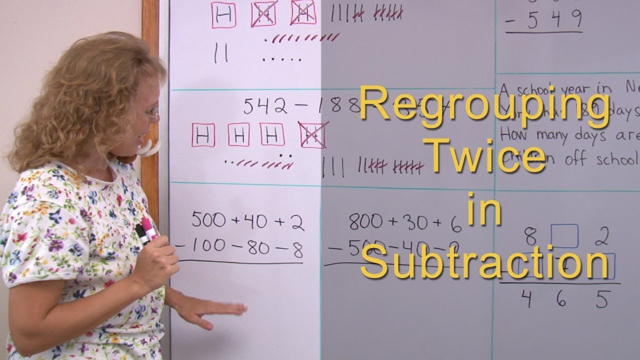 Regrouping (borrowing) twice in a three-digit subtraction problem (3rd grade math)