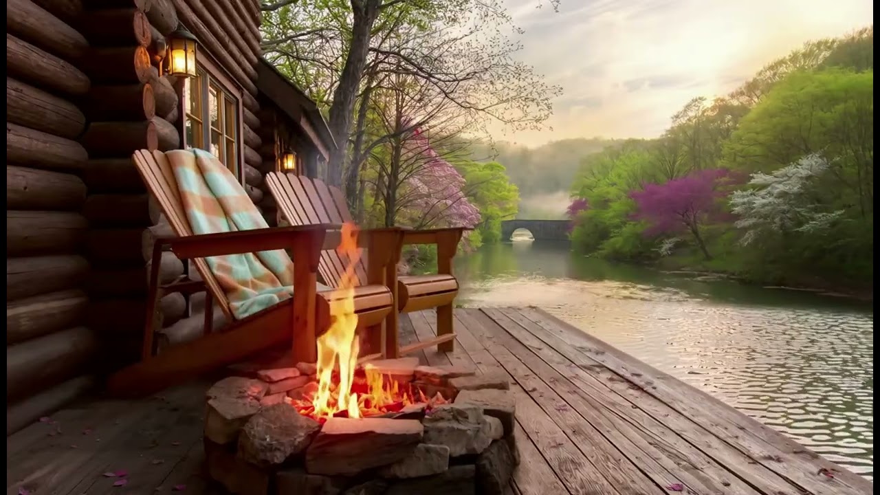 Cozy Cabin Porch🔥 River Sounds & Crackling Fire | Forest Ambience for Sleep, Relaxation & Study
