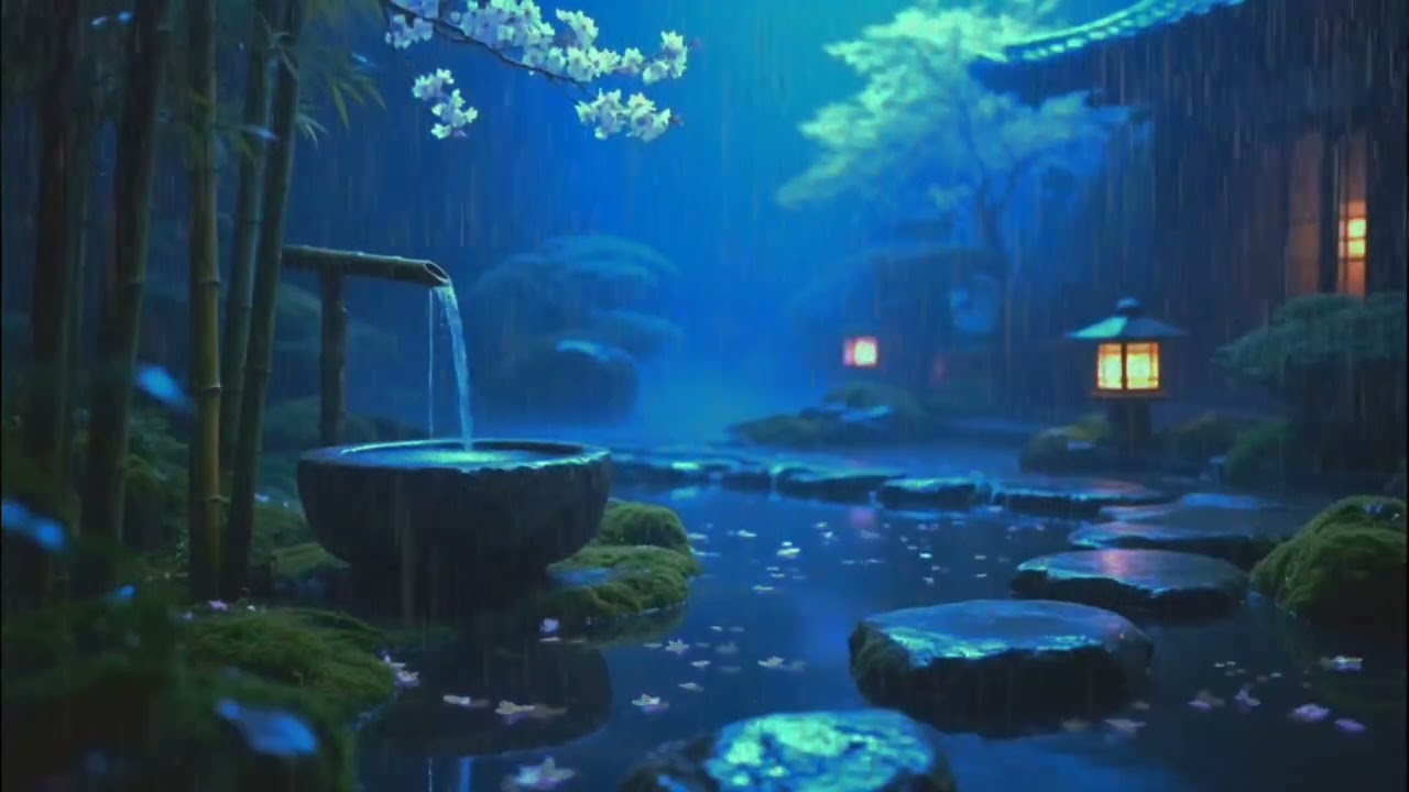 Peaceful Night Rain and Soft Piano in a Zen Garden | Deep Calm Sleep