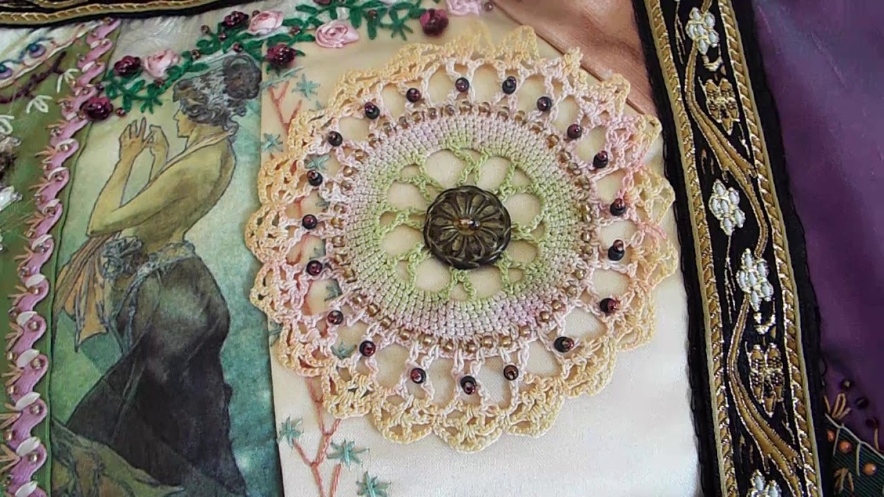Mucha themed crazy quilt bed runner