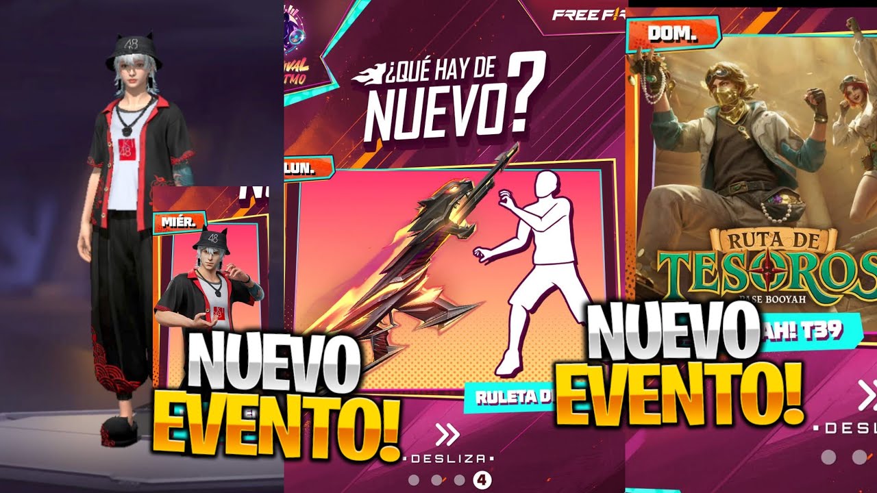 AGENDA SEMANAL FREE FIRE MOSTRANDO EVENTOS Y PREMIOS  ASPECTO ENTIENDA  EL MEJOR PASE BOOYAH