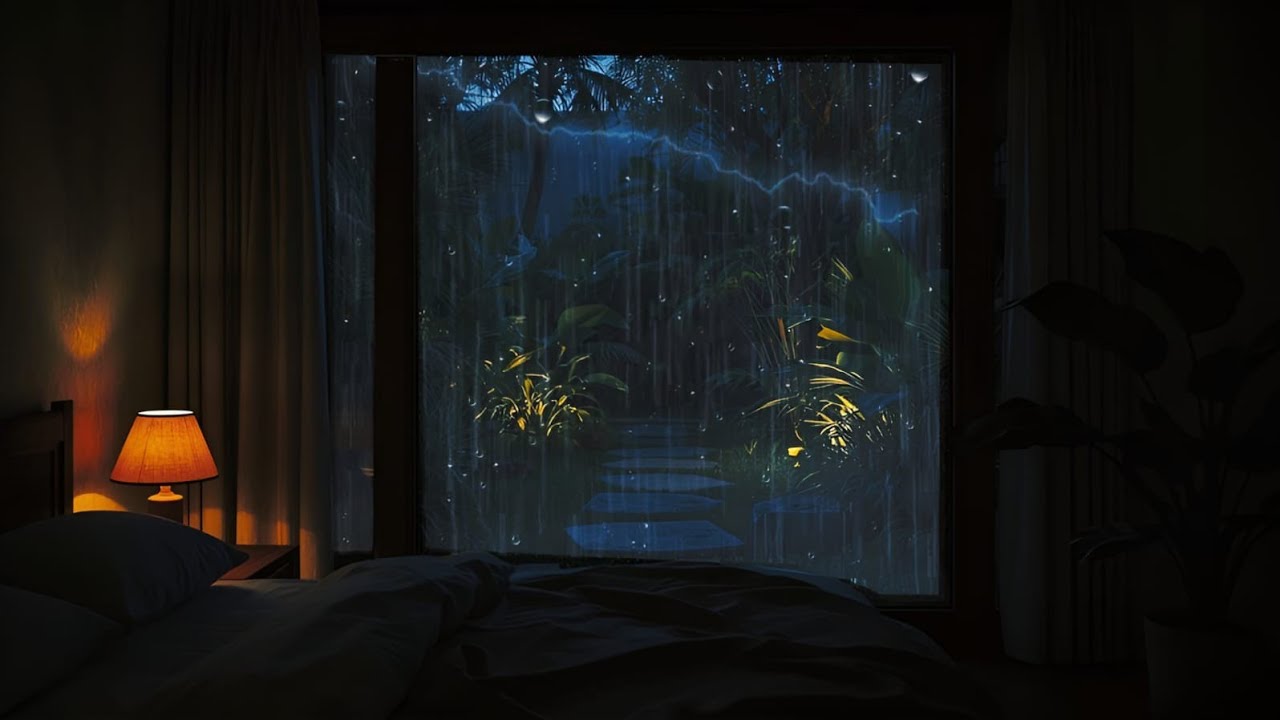 Calm Rain and Thunder Sounds at Night | Cozy Room Window Rain Ambience