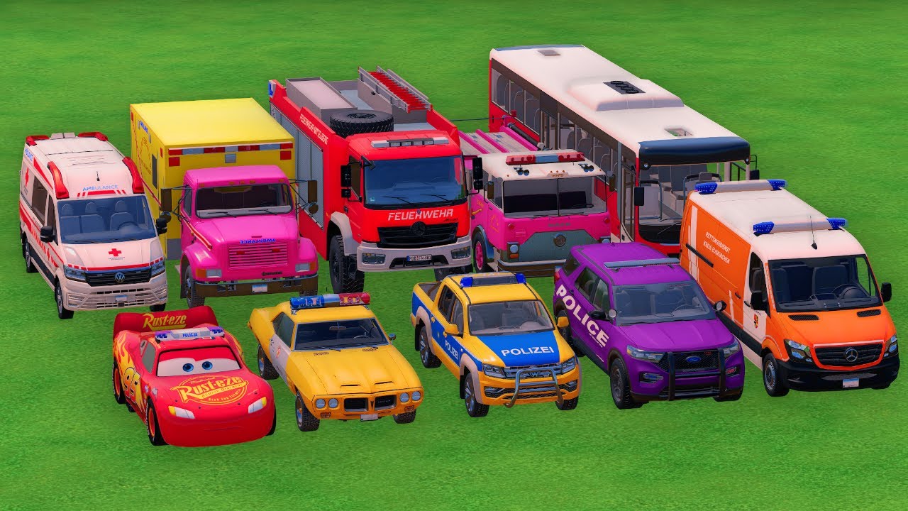 Flatbed Trailer Truck Rescue Bus - Cars vs Deep Water - Cars vs Rails and Trains - FS22!
