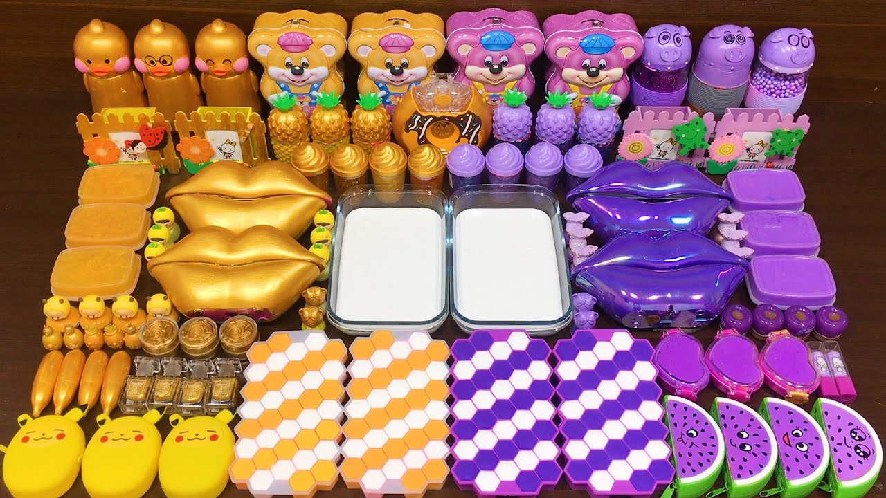 PURPLE Vs GOLD !! Mixing Random into GLOSSY Slime ! Satisfying Slime Video #582