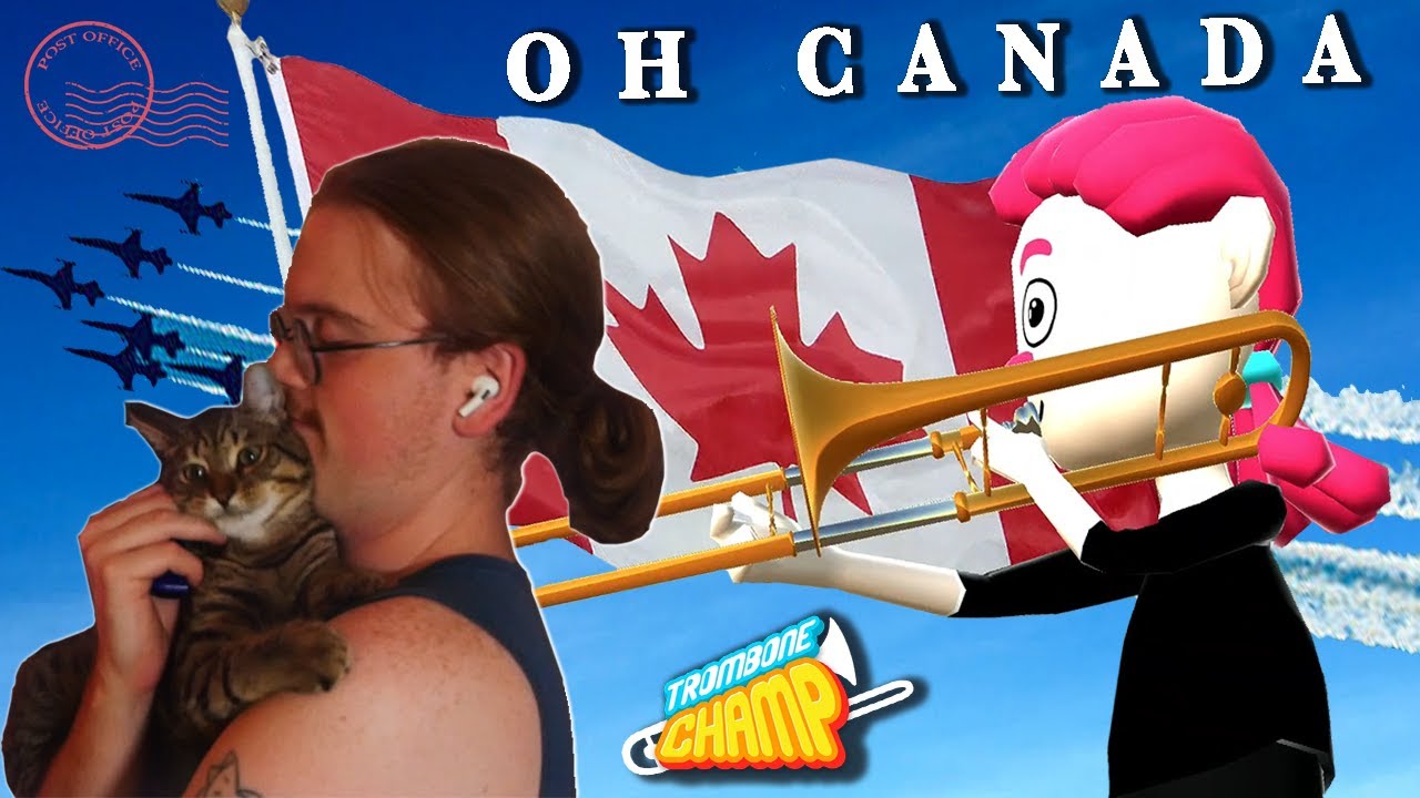 Canadian plays 'Oh Canada' on Trombone in a Videogame, while a Cat sits on the Canadian