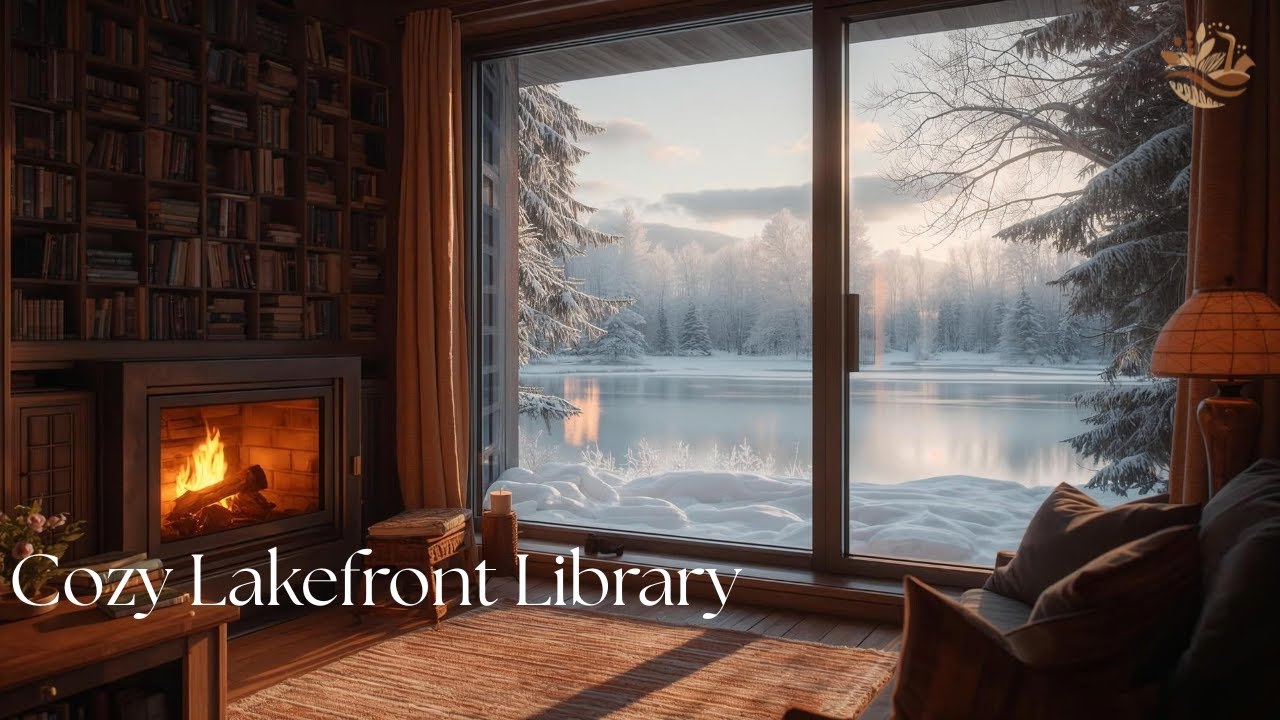 Cozy Reading Nook ❄️ Lofi Jazz by the Fireplace | Winter Lake Ambience (4K)