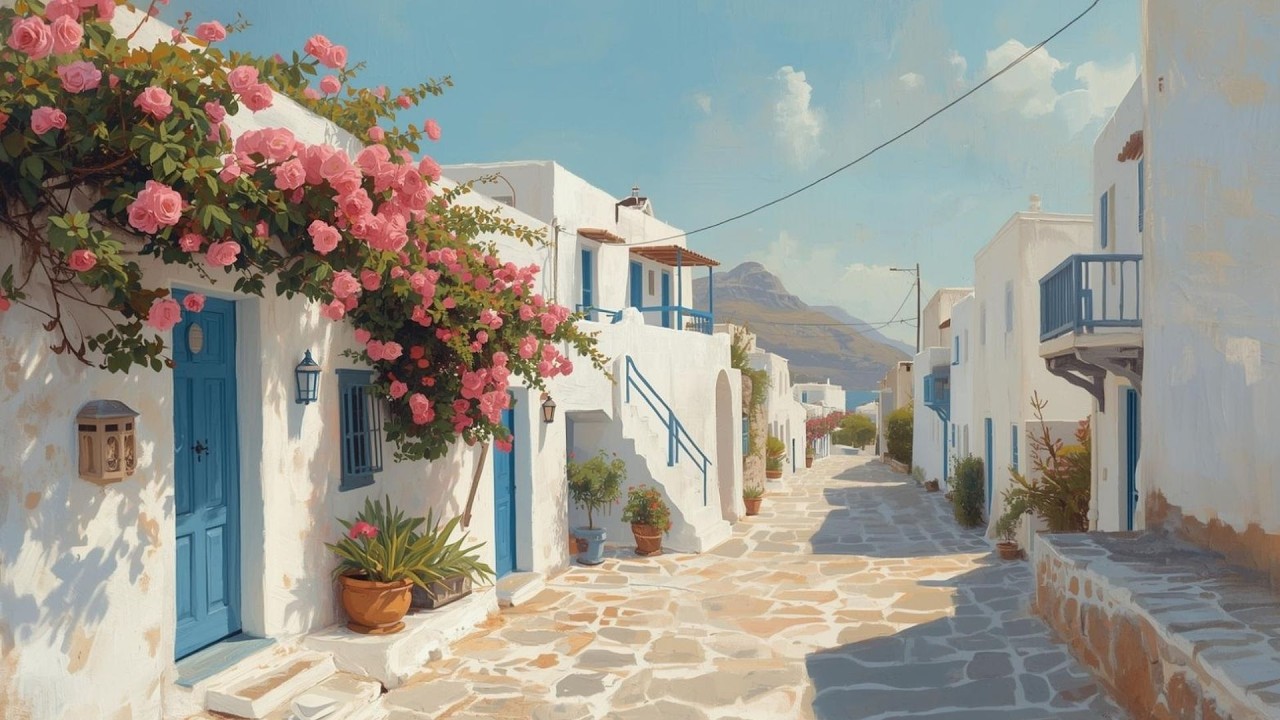 Santorini Greece Street Vintage Painting  | Frame TV Art Display | 2-Hour Screensaver
