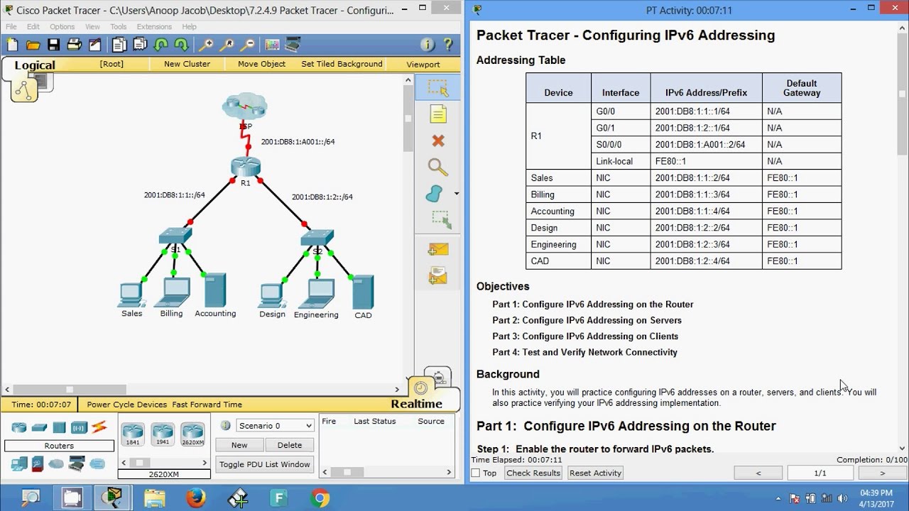7.2.4.9 Packet Tracer - Configuring IPv6 Addressing