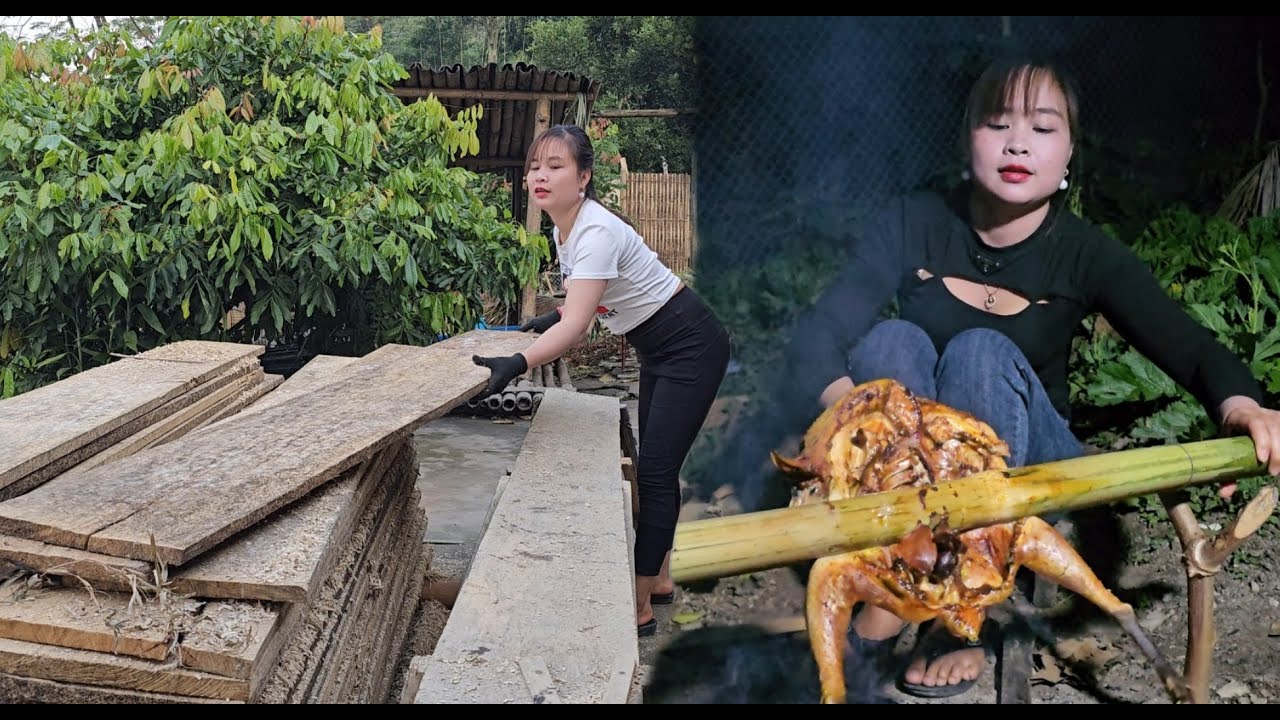 Processin gpieces of wood to fence the walls of the new kitchen and a grilled chicken for dinner