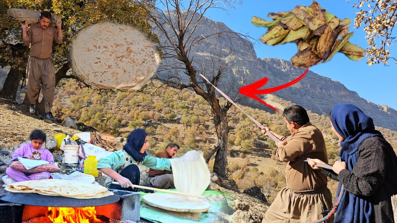 The hard life of nomads:collecting firewood in the mountains+baking traditional bread by nomad women