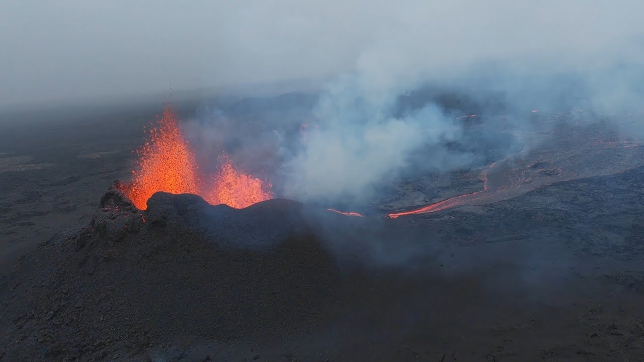Volcano Sundhn&uacute;kur eruption in Iceland. The drone was hit by rocks erupting from the volcano. 2025