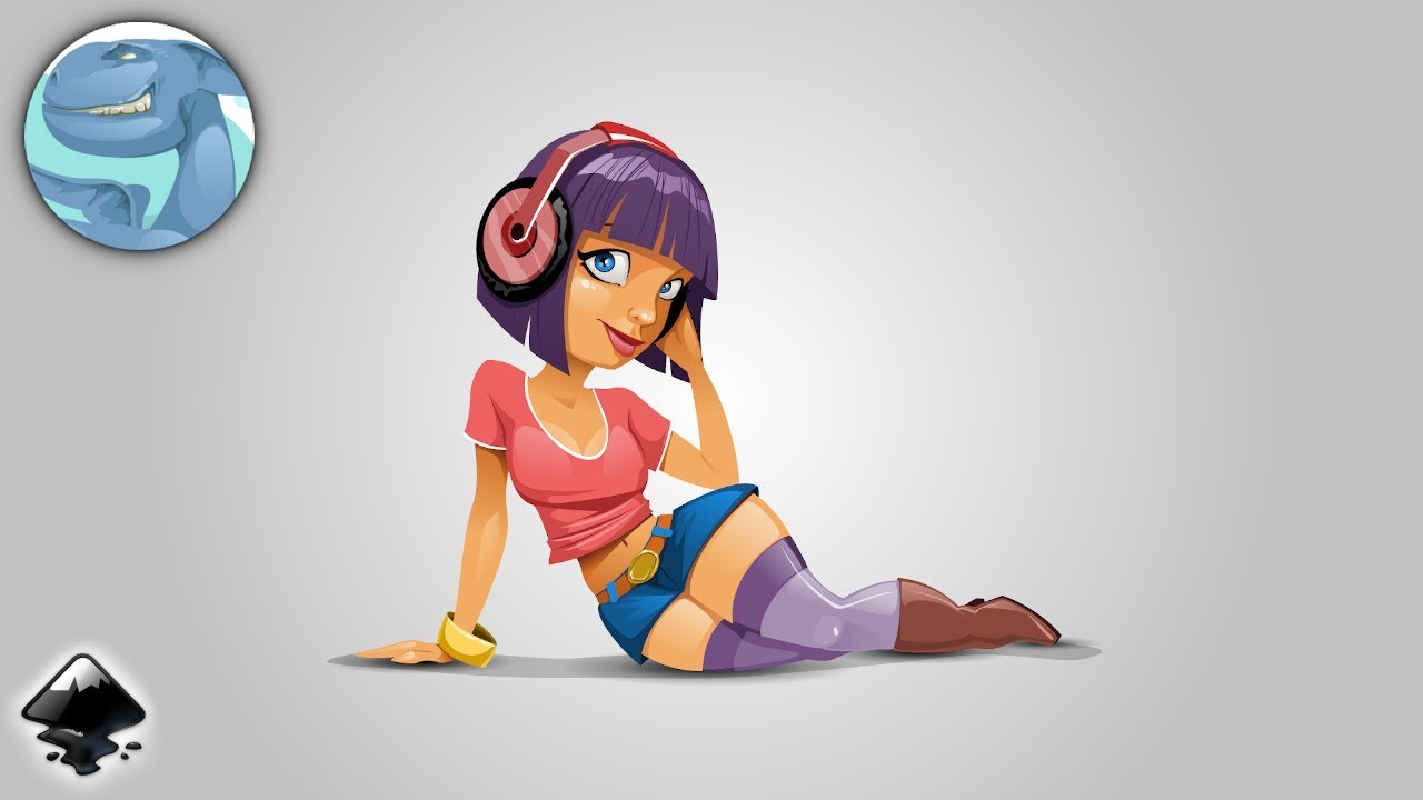 Girl with headphones. Vector drawing with Inkscape. Sketch in Krita.