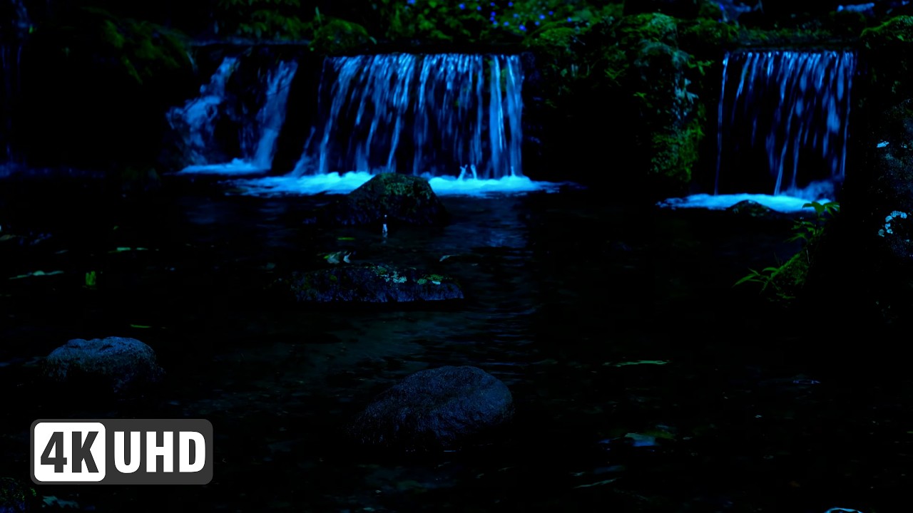 Dark Screen Night Waterfall ASMR: 4K Soothing River Sounds for Sleep (11 Hours) 🌊🍃