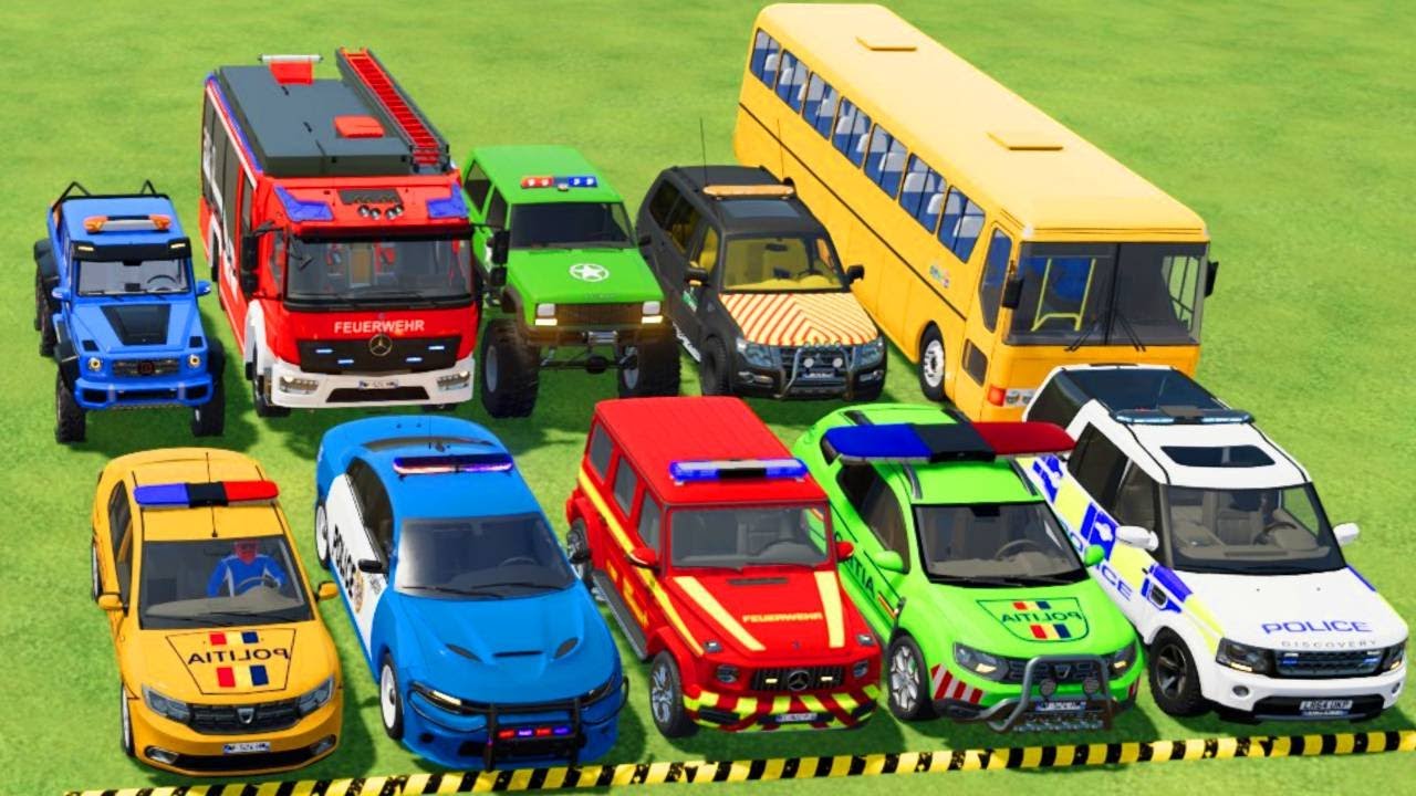 TRANSPORTING POLICE CARS, AMBULANCE, FIRE TRUCK, COLORFUL CARS WITH TRAIN -FARMING SIMULATOR 22!