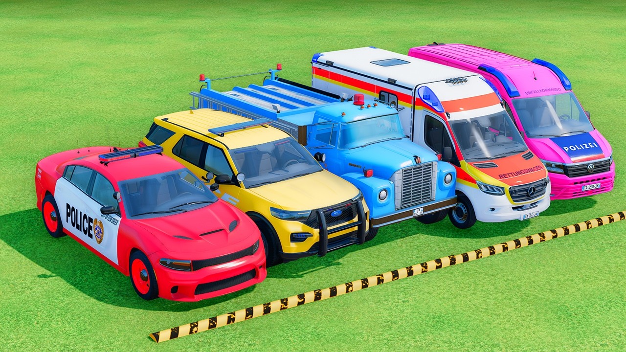 TRANSPORTING POLICE CARS, AMBULANCE, FIRE TRUCK, COLORFUL CARS WITH TRUCKS FARMING SIMULATOR 22!#044