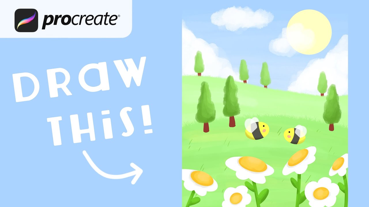 Procreate Step by Step Tutorial - Spring Bee Landscape - Digital Art - iPad Illustration