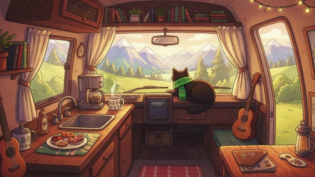 🚐 Escape to the Mountains with This Cozy Cat & Relax Your Mind 🎹⛰️