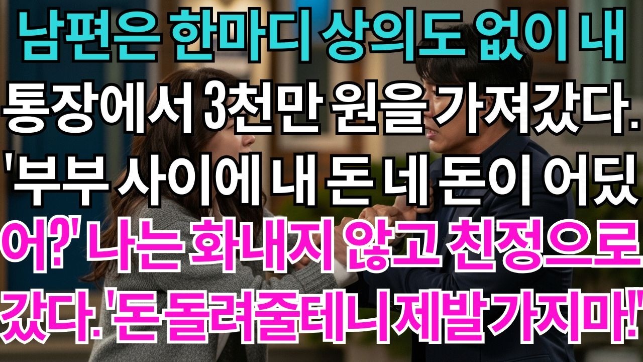 남편은 한마디 상의도 없이 내 통장에서 3천만 원을 시동생에게 줬다. '부부 사이에 내 돈 네 돈이 어딨어?' 나는 화내지 않고 친정으로 갔다. '돈 돌려줄테니 제발 집 나가지마.