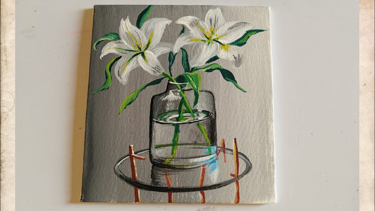 How to paint a transparent glass vase with white lilly flower/acrylic painting