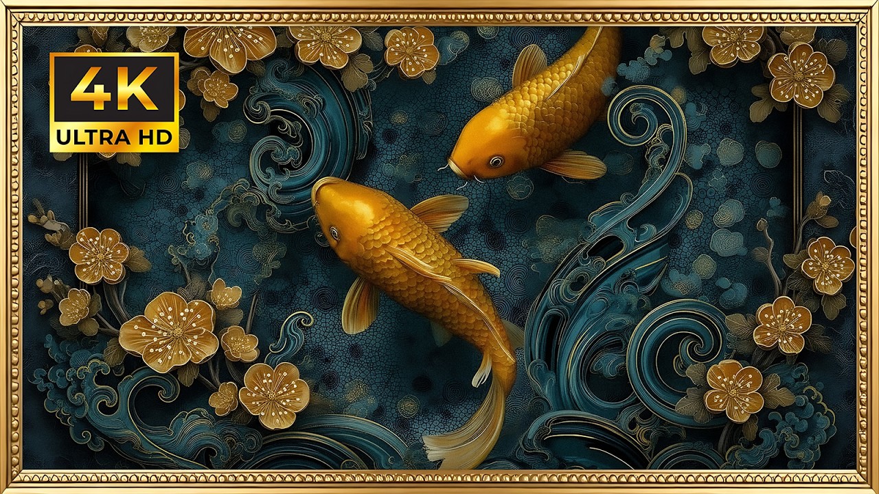 Golden Koi Fish in Harmony | Gold Framed 4K Art Screensaver | Luxurious Asian Feng Shui TV Wallpaper