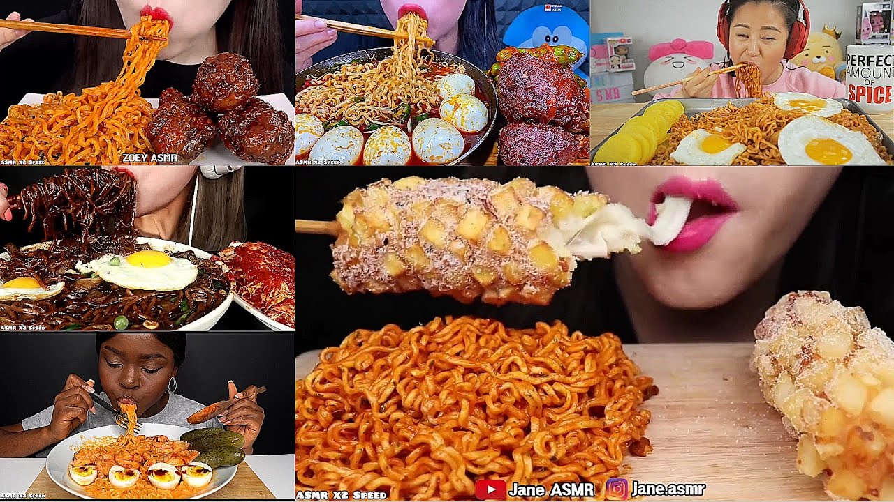 ASMR X2 Speed | Spicy Fire Noodles Compilation | No Talking | Only Bites | Fast ASMR Mukbang