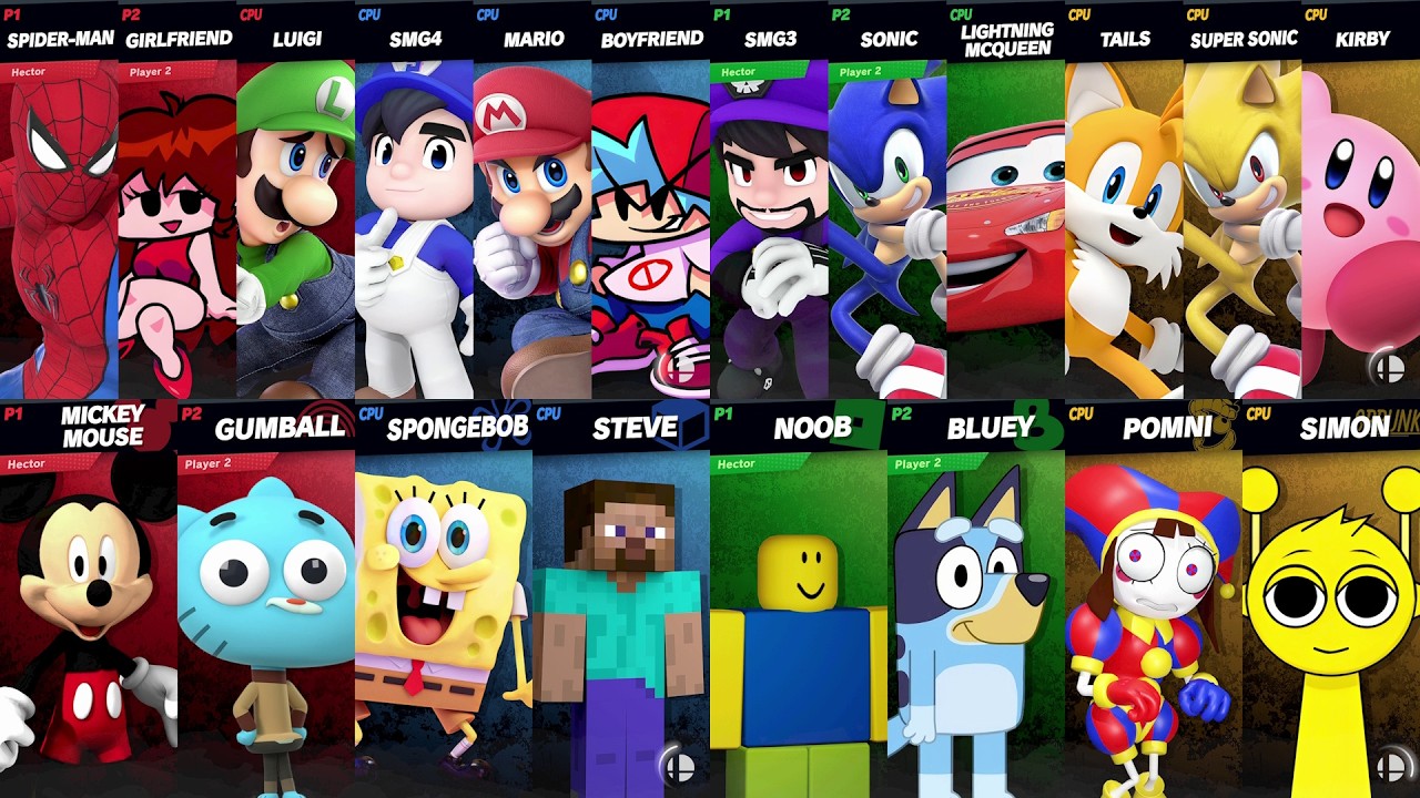 Sonic vs Mario vs Spider-Man vs Bluey vs SpongeBob vs Roblox vs Minecraft vs Car | Super Smash