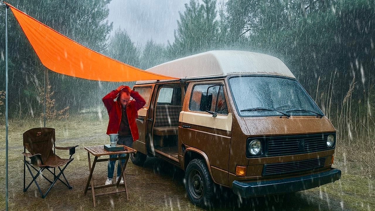 Coziest RAIN CAMPING in a Pine Forest [ SOLO Relaxing in a VAN and Tarp shelter, ASMR ]
