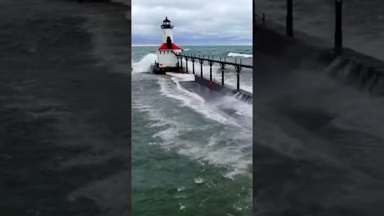 Huge Waves Smashing Lake Michigan Lighthouse Drone Footage