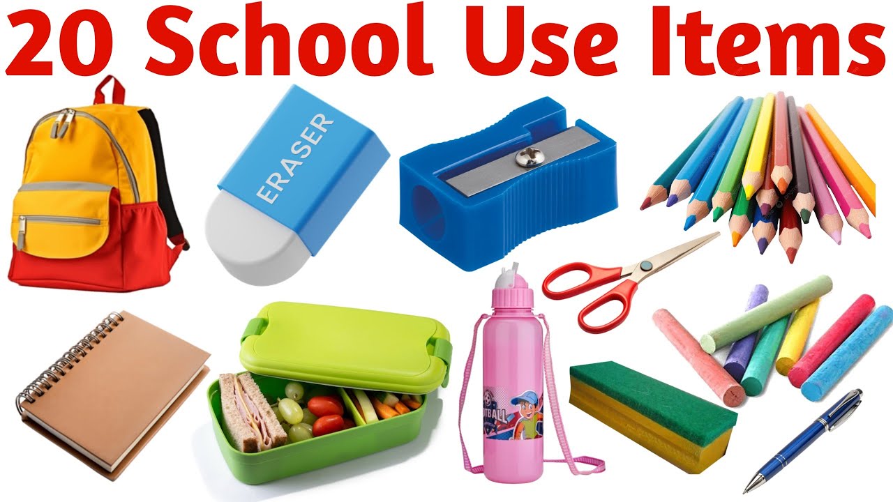 20 स्कूल के सामान के नाम | Learn 20 School Items Names in English with Pictures and Sounds for Kids